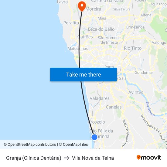 Granja (Clínica Dentária) to Vila Nova da Telha map