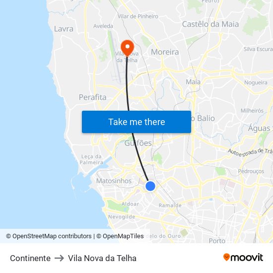 Continente to Vila Nova da Telha map