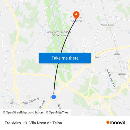 Freixieiro to Vila Nova da Telha map