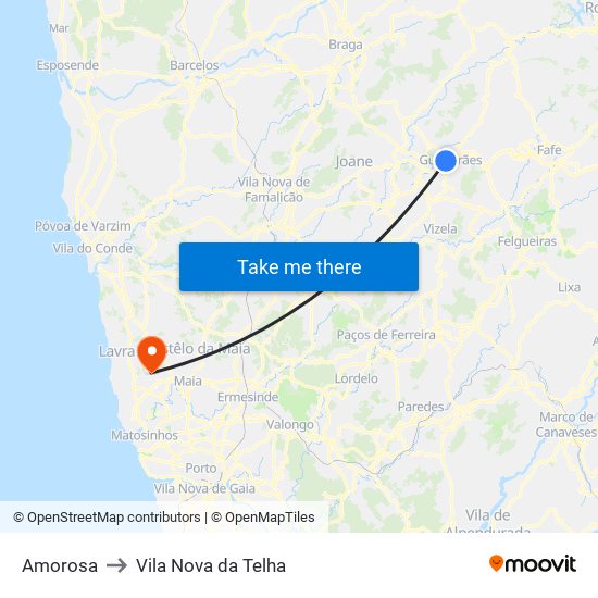 Amorosa to Vila Nova da Telha map