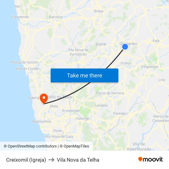 Creixomil (Igreja) to Vila Nova da Telha map