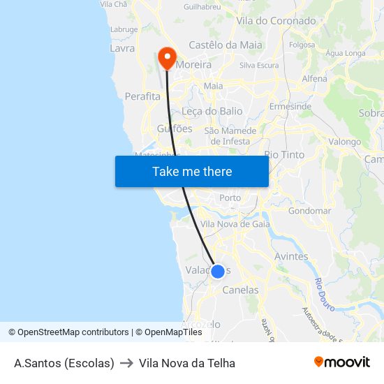 A.Santos (Escolas) to Vila Nova da Telha map