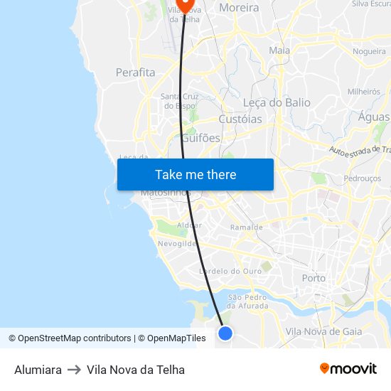 Alumiara to Vila Nova da Telha map