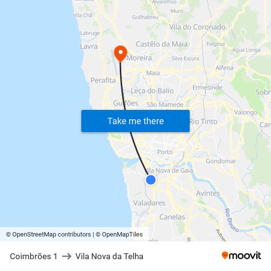 Coimbrões 1 to Vila Nova da Telha map