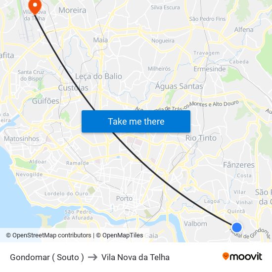 Gondomar ( Souto ) to Vila Nova da Telha map