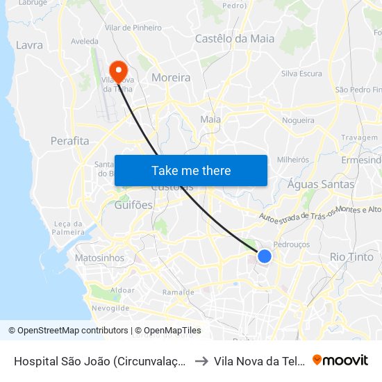 Hospital São João (Circunvalação) to Vila Nova da Telha map