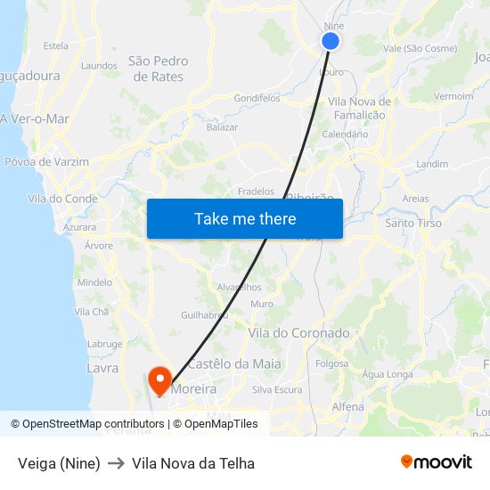 Veiga (Nine) to Vila Nova da Telha map