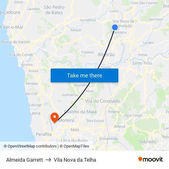 Almeida Garrett to Vila Nova da Telha map
