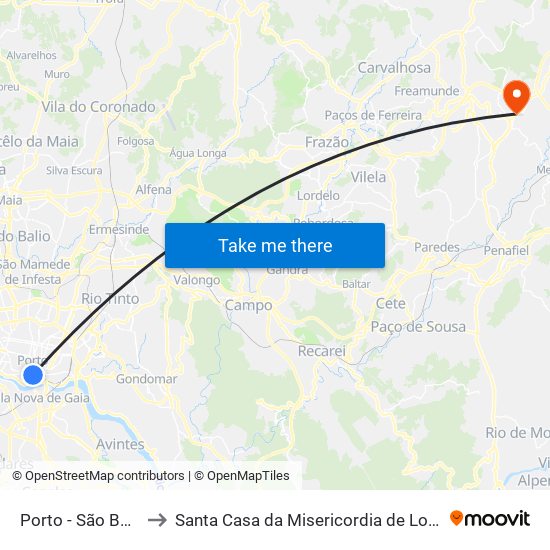 Porto - São Bento to Santa Casa da Misericordia de Lousada map