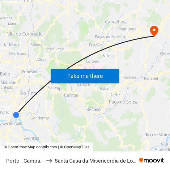 Porto - Campanhã to Santa Casa da Misericordia de Lousada map