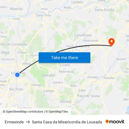 Ermesinde to Santa Casa da Misericordia de Lousada map