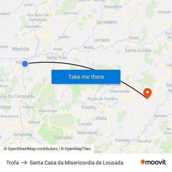 Trofa to Santa Casa da Misericordia de Lousada map