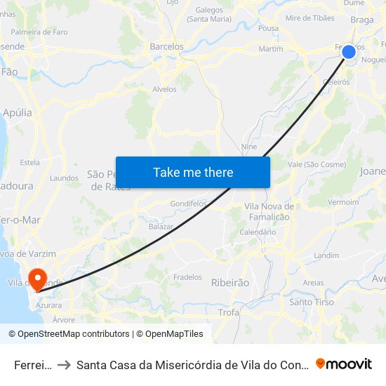 Ferreiros to Santa Casa da Misericórdia de Vila do Conde-Edifício 1 map