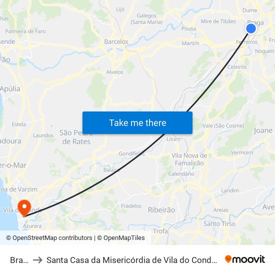 Braga to Santa Casa da Misericórdia de Vila do Conde-Edifício 1 map