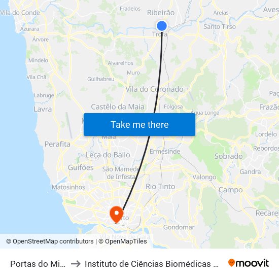 Ribeirão | Portas do Minho to Instituto de Ciências Biomédicas Abel Salazar - Polo de Medicina map