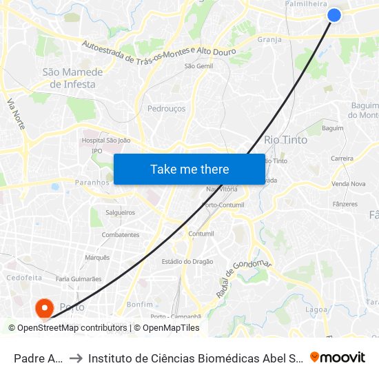 Padre Américo to Instituto de Ciências Biomédicas Abel Salazar - Polo de Medicina map