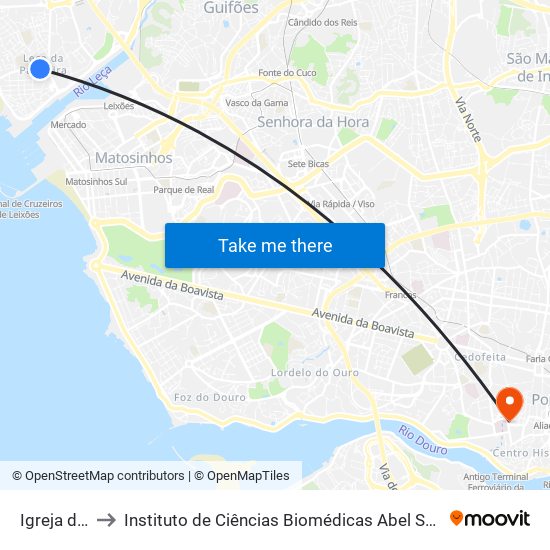 Igreja de Leça to Instituto de Ciências Biomédicas Abel Salazar - Polo de Medicina map