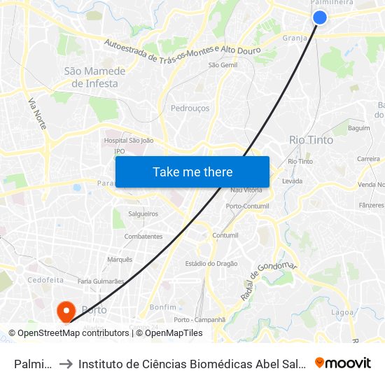 Palmilheira to Instituto de Ciências Biomédicas Abel Salazar - Polo de Medicina map