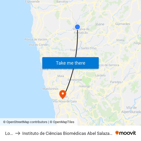 Louro to Instituto de Ciências Biomédicas Abel Salazar - Polo de Medicina map