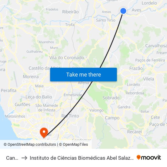 Caniços to Instituto de Ciências Biomédicas Abel Salazar - Polo de Medicina map