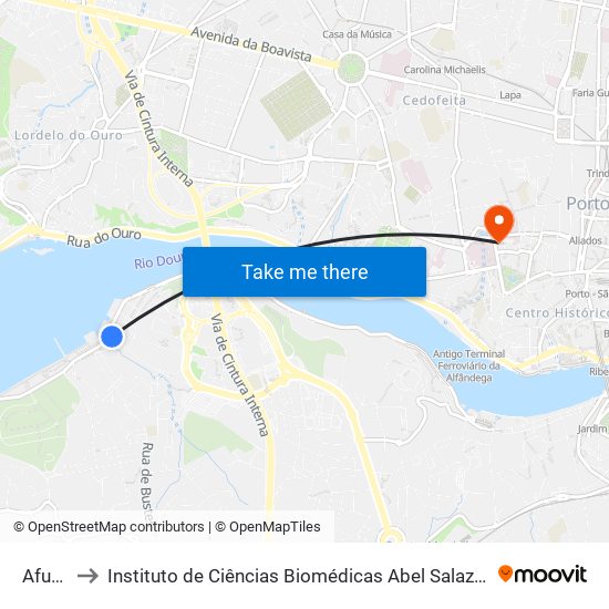 Afurada to Instituto de Ciências Biomédicas Abel Salazar - Polo de Medicina map