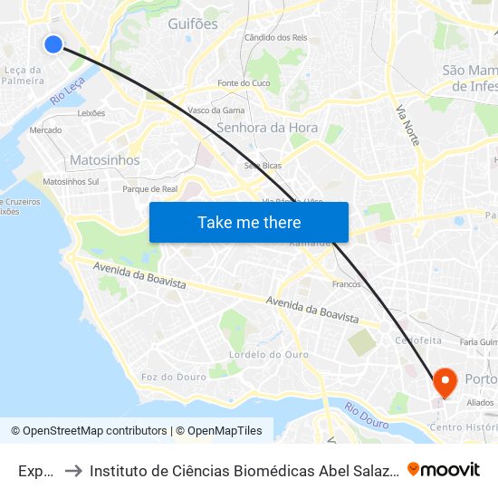 Exponor to Instituto de Ciências Biomédicas Abel Salazar - Polo de Medicina map