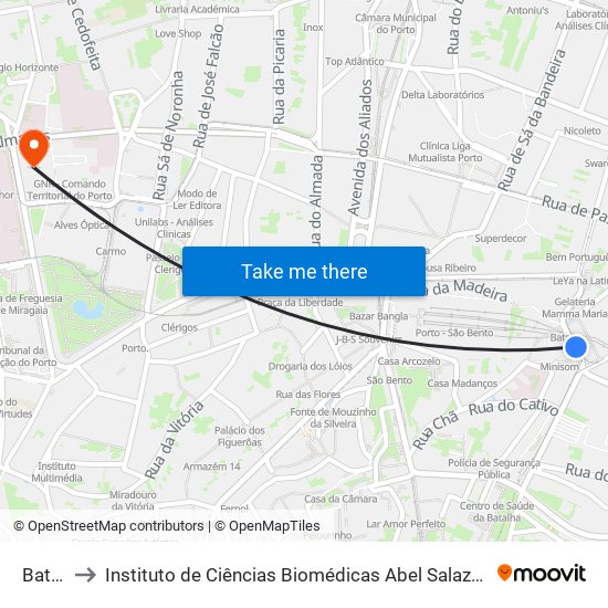 Batalha to Instituto de Ciências Biomédicas Abel Salazar - Polo de Medicina map