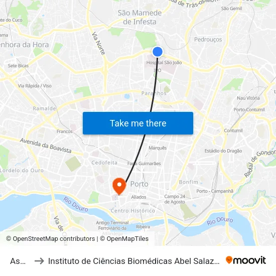Asprela to Instituto de Ciências Biomédicas Abel Salazar - Polo de Medicina map