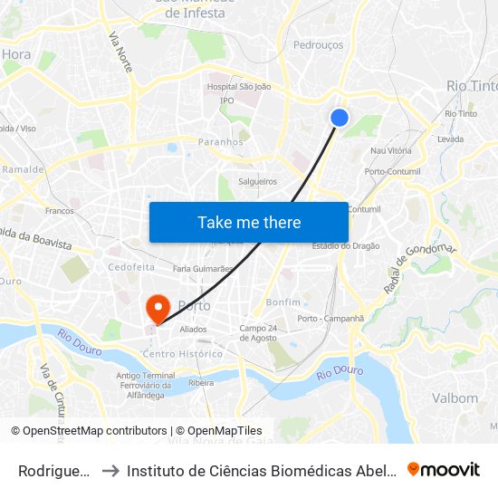 Rodrigues Semide to Instituto de Ciências Biomédicas Abel Salazar - Polo de Medicina map