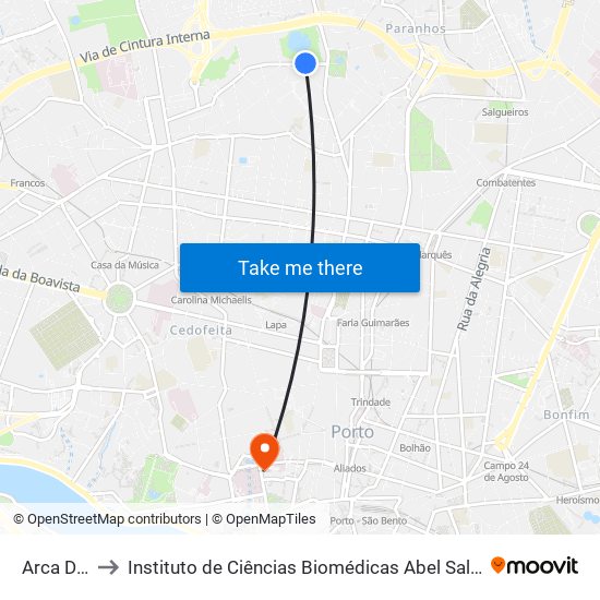 Arca D Água to Instituto de Ciências Biomédicas Abel Salazar - Polo de Medicina map
