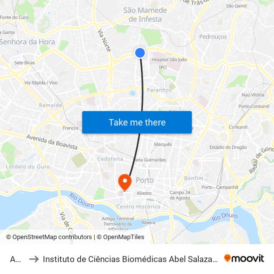 Amial to Instituto de Ciências Biomédicas Abel Salazar - Polo de Medicina map
