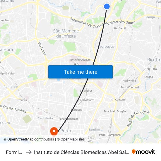 Formigueiro to Instituto de Ciências Biomédicas Abel Salazar - Polo de Medicina map