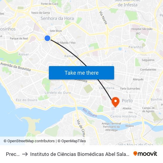 Preciosa to Instituto de Ciências Biomédicas Abel Salazar - Polo de Medicina map
