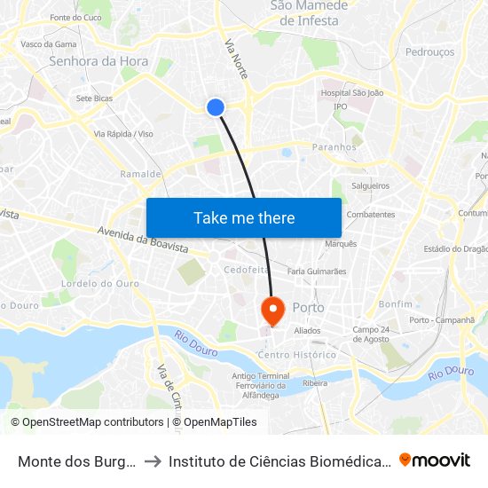 Monte dos Burgos (Circunvalação) to Instituto de Ciências Biomédicas Abel Salazar - Polo de Medicina map