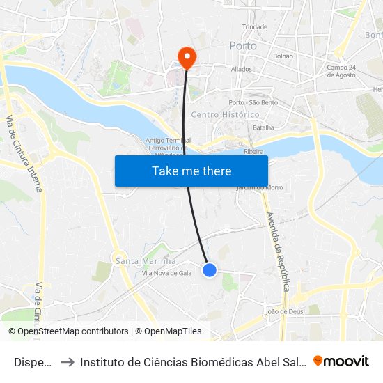 Dispensário to Instituto de Ciências Biomédicas Abel Salazar - Polo de Medicina map