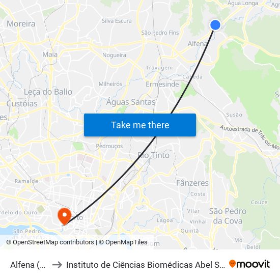 Alfena (Ribeiro) to Instituto de Ciências Biomédicas Abel Salazar - Polo de Medicina map