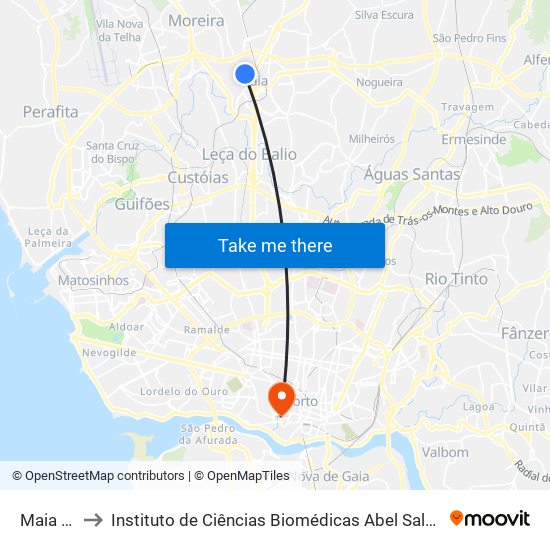 Maia (Zoo) to Instituto de Ciências Biomédicas Abel Salazar - Polo de Medicina map