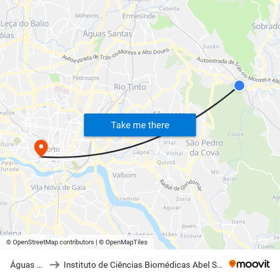 Águas Férreas to Instituto de Ciências Biomédicas Abel Salazar - Polo de Medicina map