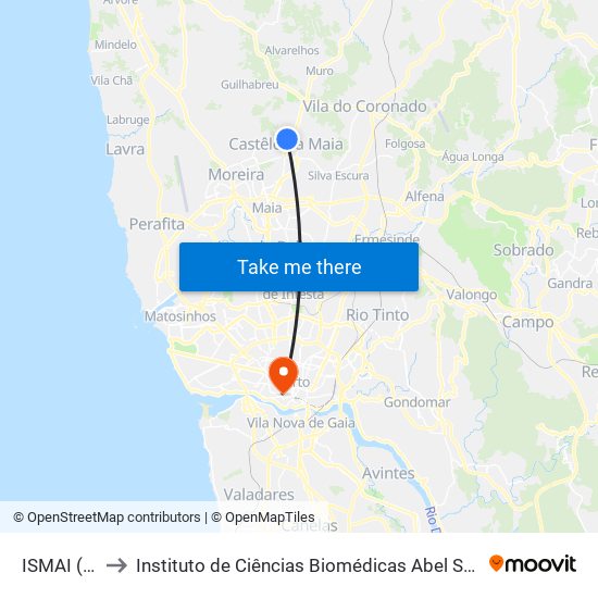 ISMAI (Metro) to Instituto de Ciências Biomédicas Abel Salazar - Polo de Medicina map