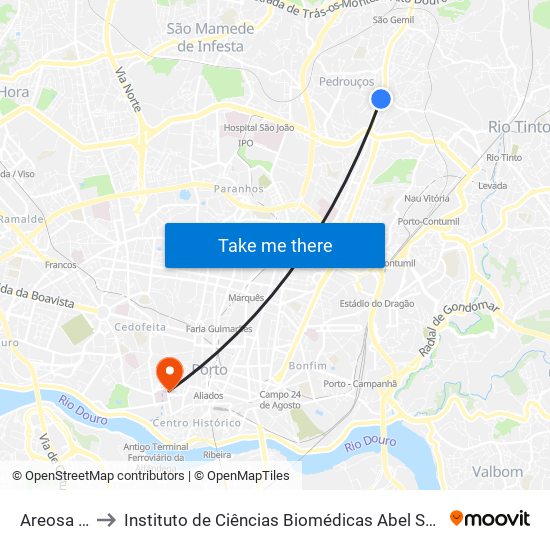 Areosa (Feira) to Instituto de Ciências Biomédicas Abel Salazar - Polo de Medicina map