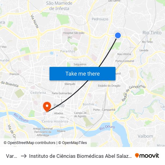 Varziela to Instituto de Ciências Biomédicas Abel Salazar - Polo de Medicina map