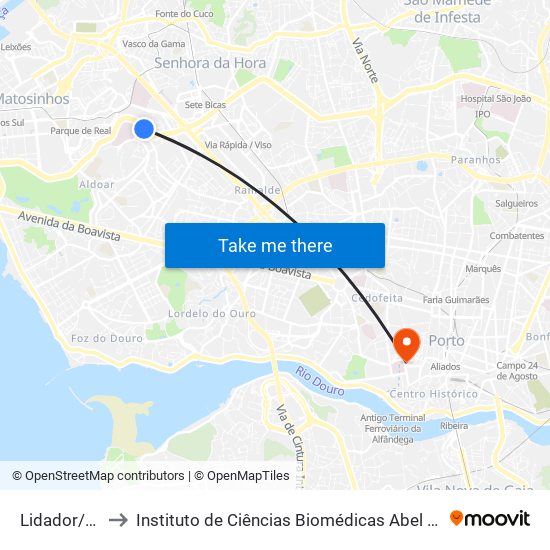 Lidador/Hospital to Instituto de Ciências Biomédicas Abel Salazar - Polo de Medicina map
