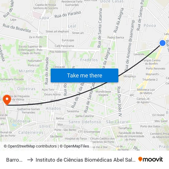 Barros Lima to Instituto de Ciências Biomédicas Abel Salazar - Polo de Medicina map