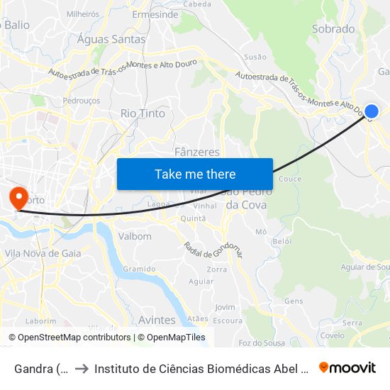 Gandra (CESPU) to Instituto de Ciências Biomédicas Abel Salazar - Polo de Medicina map