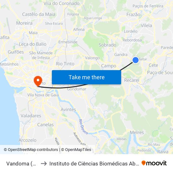 Vandoma (R.Central II) to Instituto de Ciências Biomédicas Abel Salazar - Polo de Medicina map