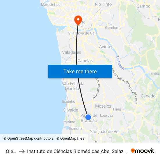 Oleiros to Instituto de Ciências Biomédicas Abel Salazar - Polo de Medicina map