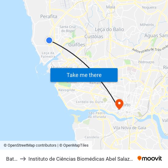 Bataria to Instituto de Ciências Biomédicas Abel Salazar - Polo de Medicina map