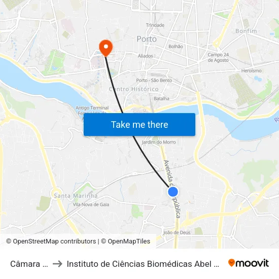 Câmara de Gaia to Instituto de Ciências Biomédicas Abel Salazar - Polo de Medicina map