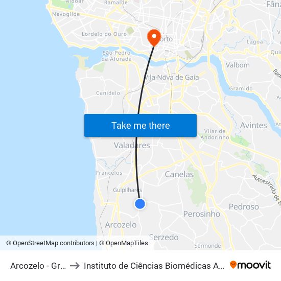 Arcozelo - Grades Verdes to Instituto de Ciências Biomédicas Abel Salazar - Polo de Medicina map