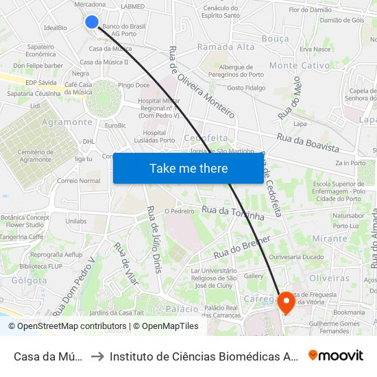 Casa da Música (Metro) to Instituto de Ciências Biomédicas Abel Salazar - Polo de Medicina map
